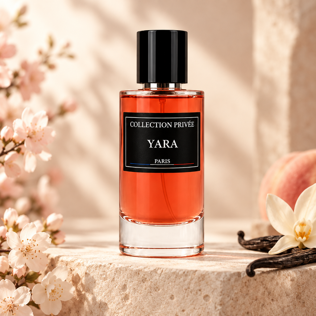 Yara Élégante parfum met zachte bloesem en vanillestokjes op lichte steen in roze en crèmetinten