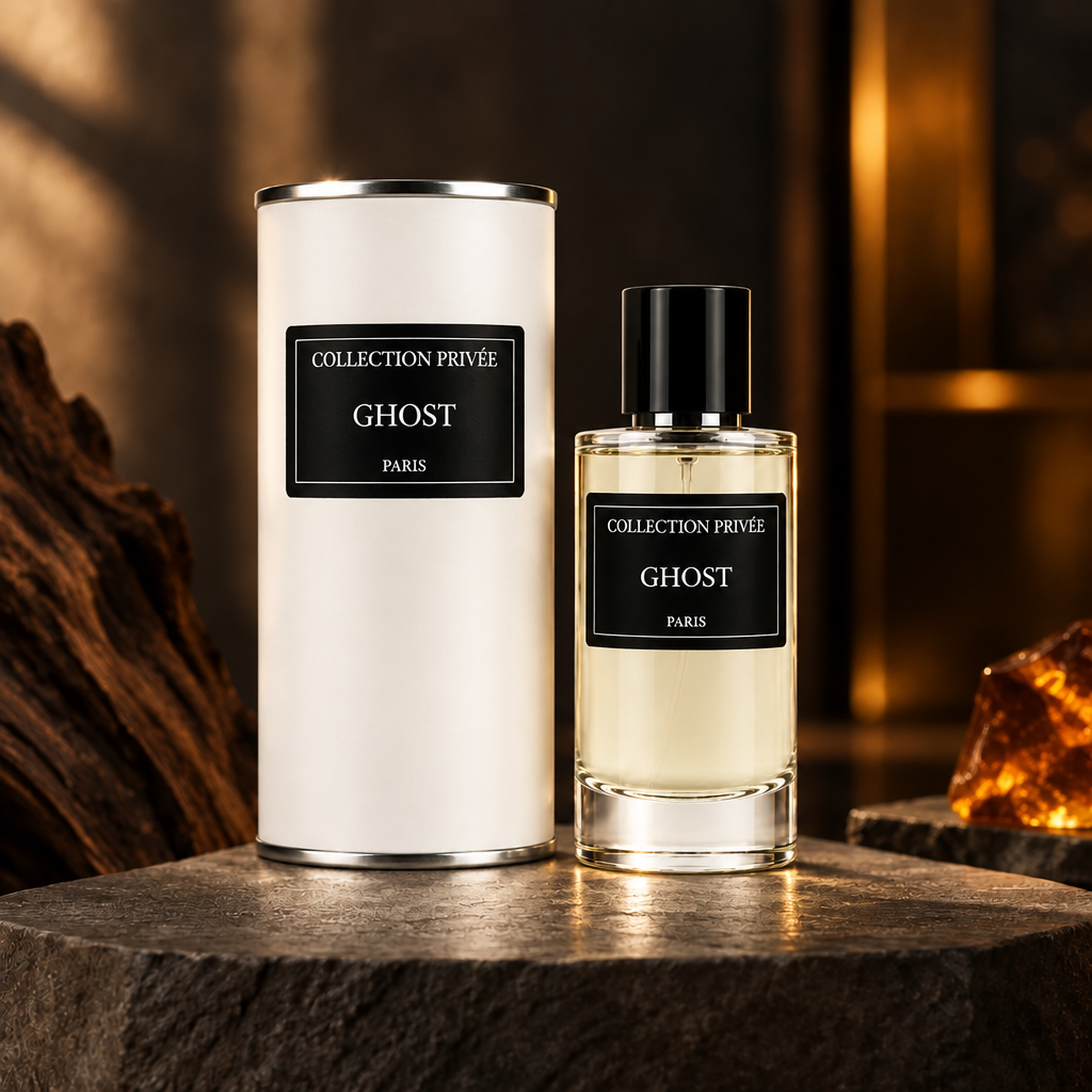 Ghost fles en witte verpakking op donkere steen met hout en amber