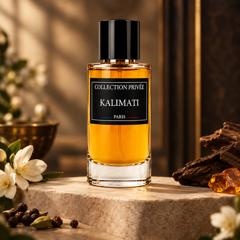 Kalimati parfum met bloemen, kruiden en houtaccenten in warm amberlicht
