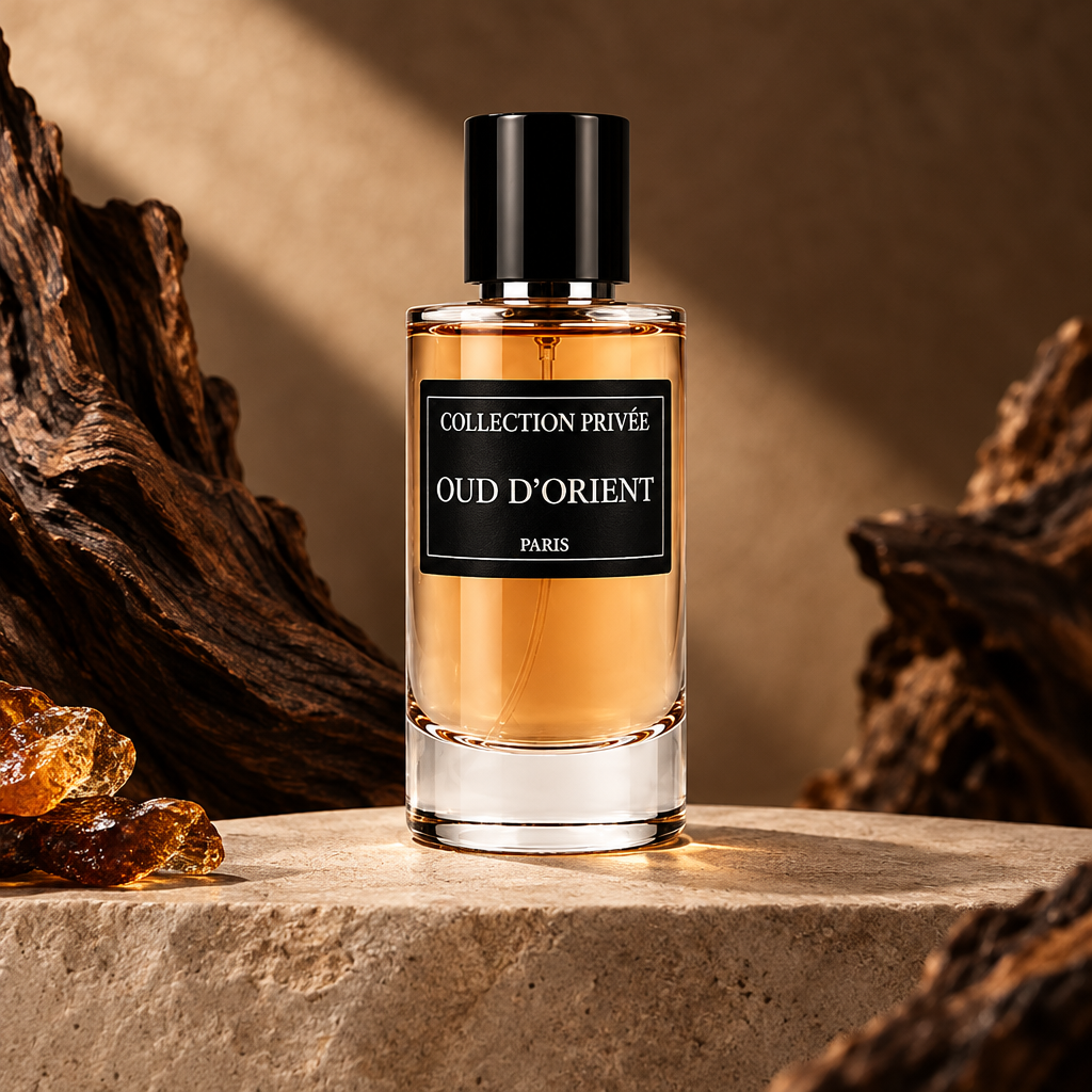 Oud parfum met donker hout en warme ambertinten