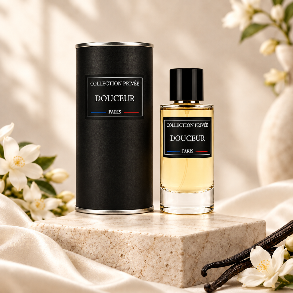 Douceur fles en verpakking met witte bloemen en vanille in crèmetinten