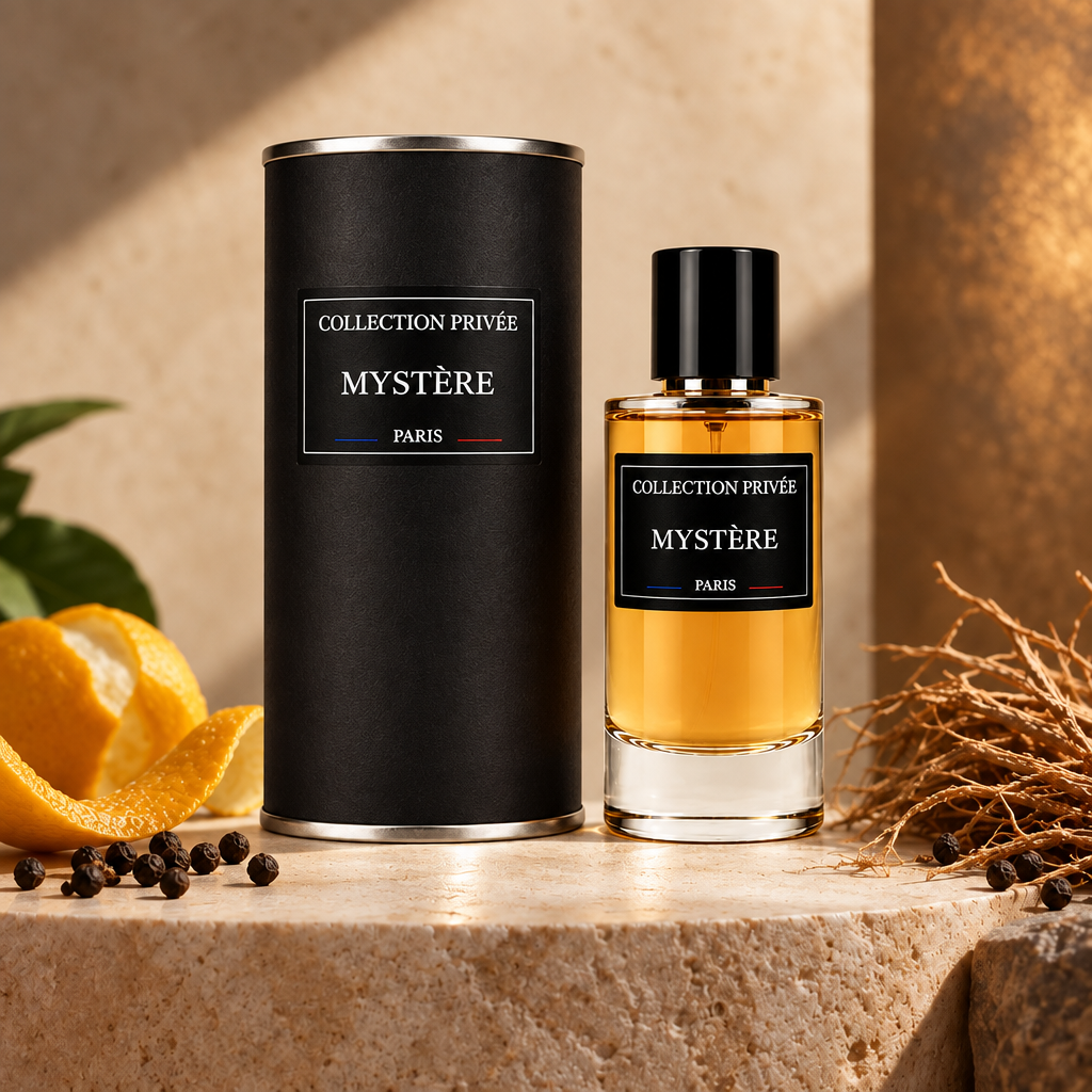 Mystère fles met verpakking in warme citrus- en houttinten