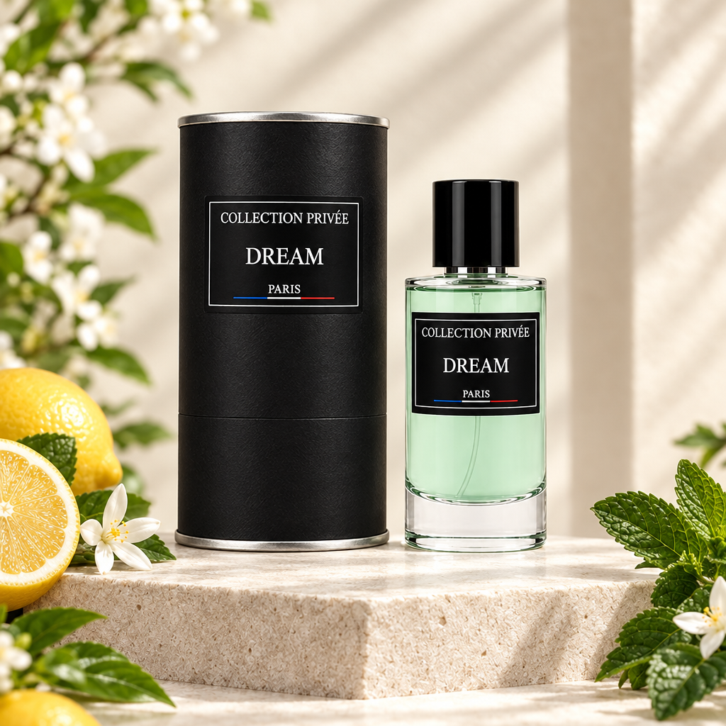 Dream fles en verpakking met witte bloemen en citrus op lichte steen
