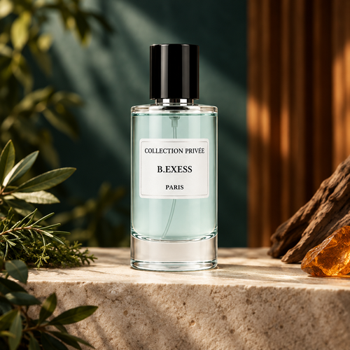 B. Exess parfum met groene kruiden, hout en amberkleurige accenten tegen een donker petrolkleurige achtergrond