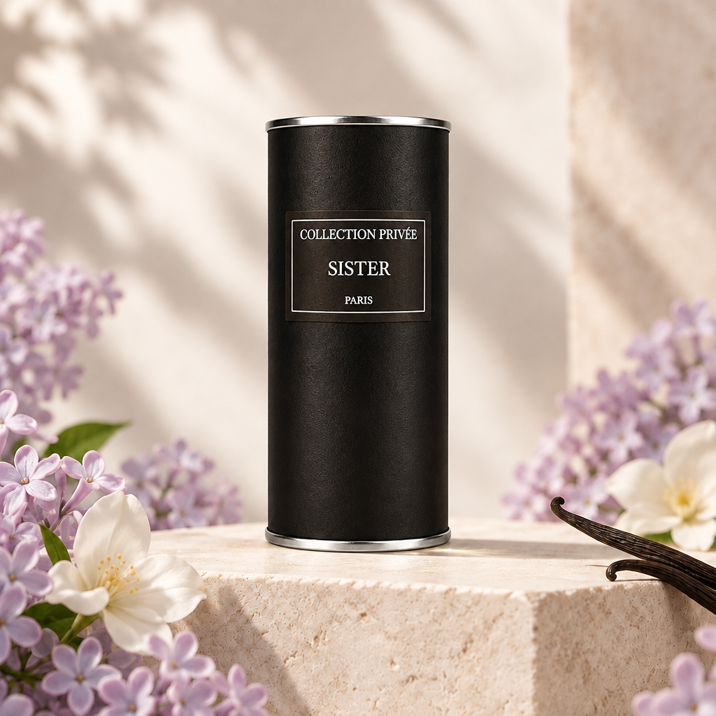 Sister verpakking op lichte steen met bloemen en vanille