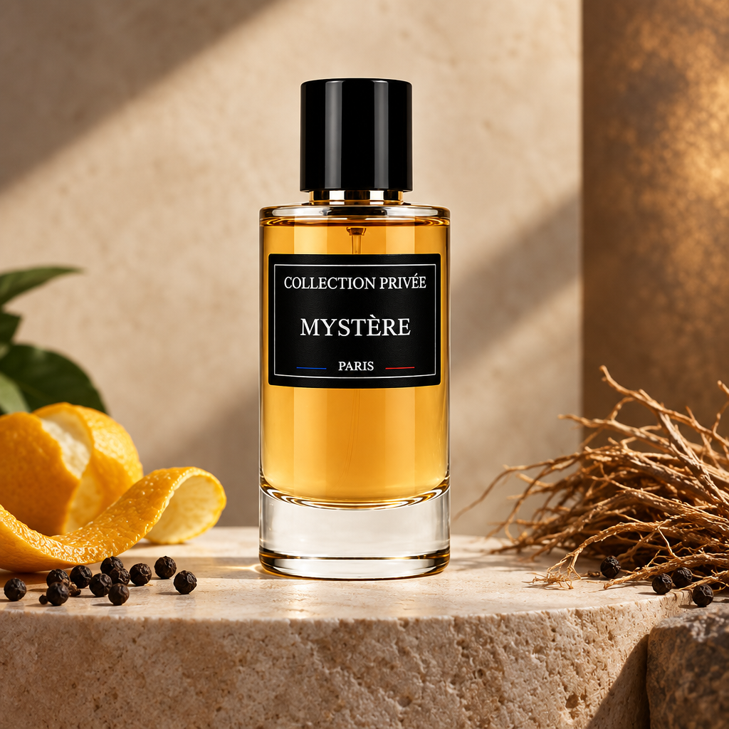 Mystère parfum met citrus, peperkorrels en vetiver in warm licht