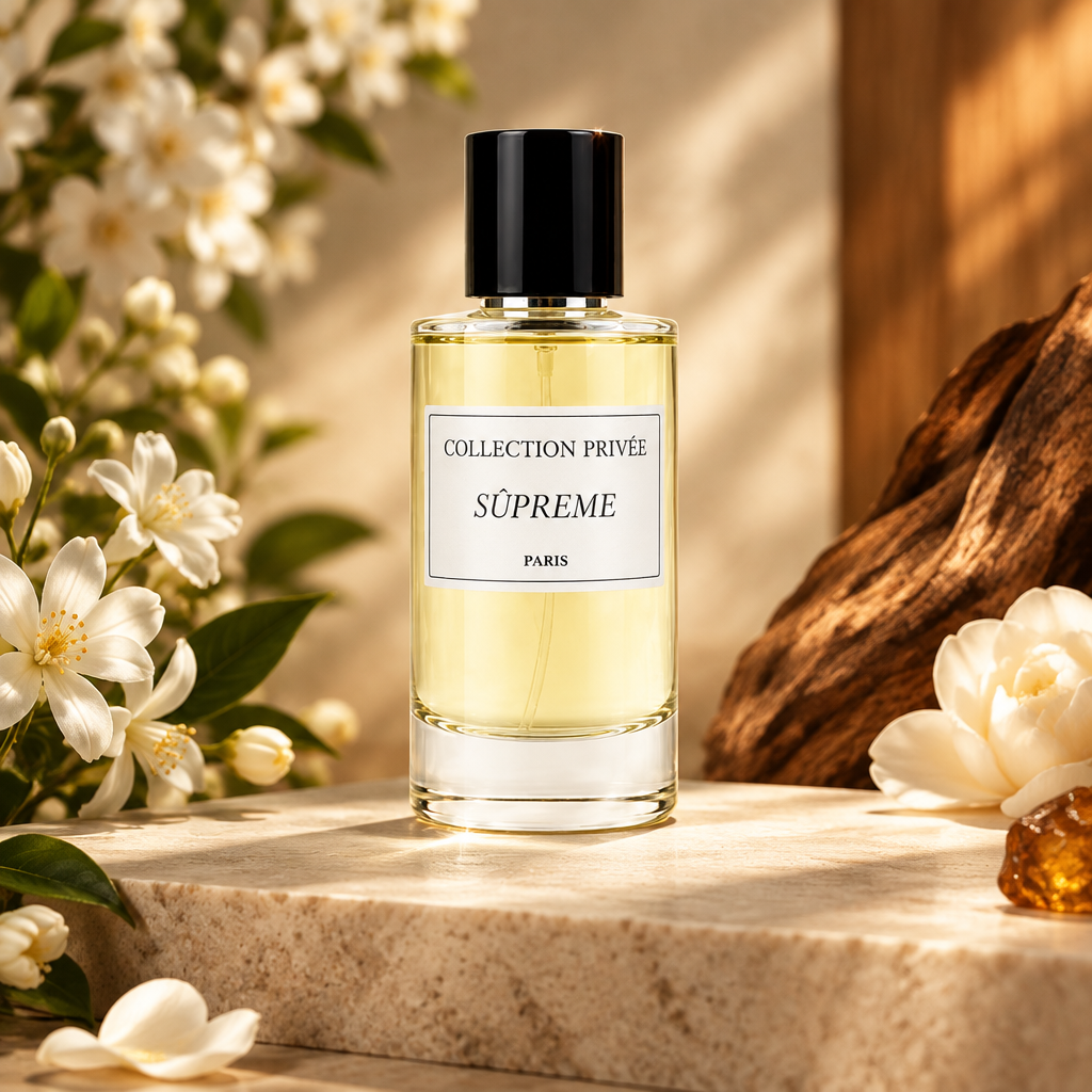 Suprême parfum met witte bloemen, hout en warme amberkleurige accenten op lichte steen