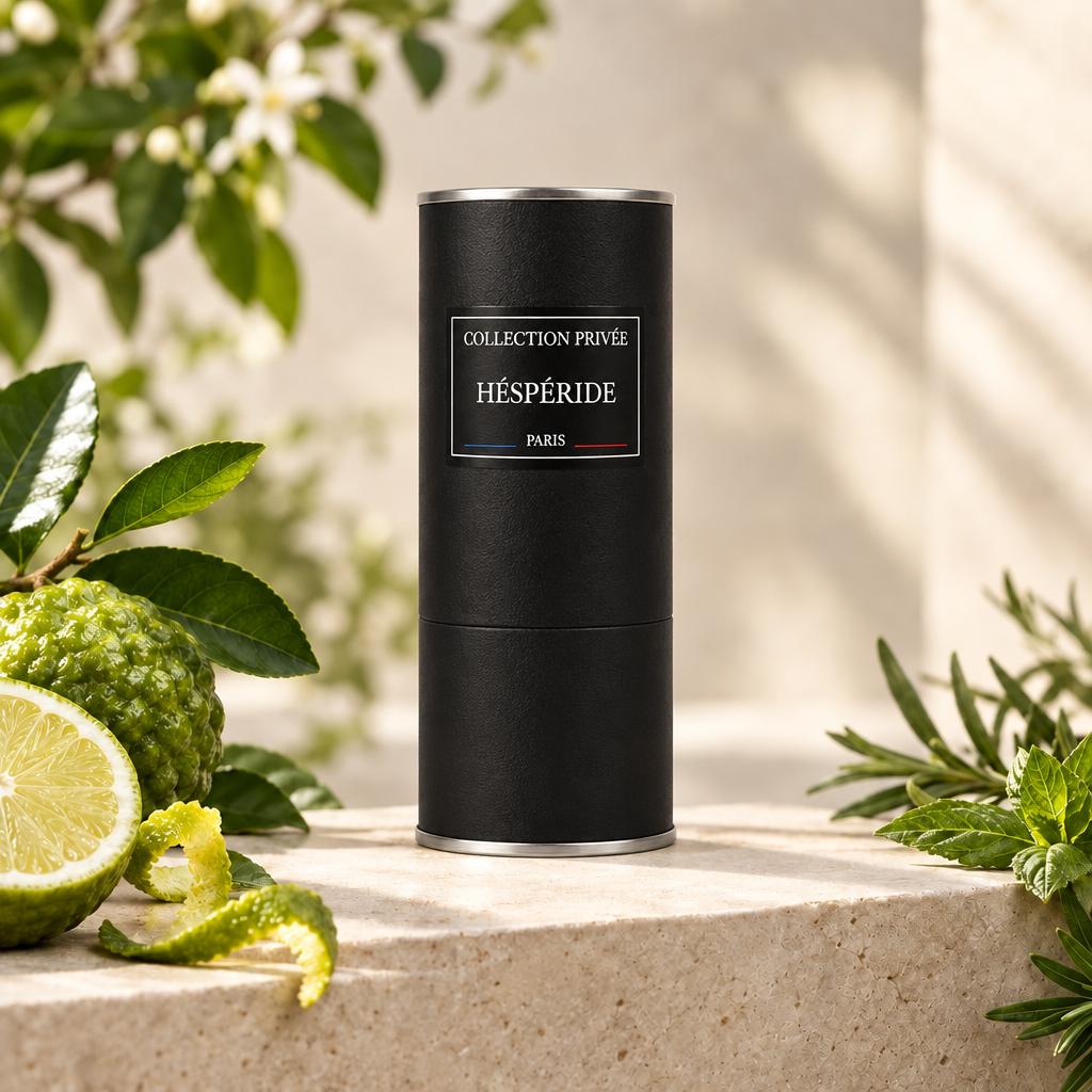 Hespéride verpakking op lichte steen met citrus en kruiden
