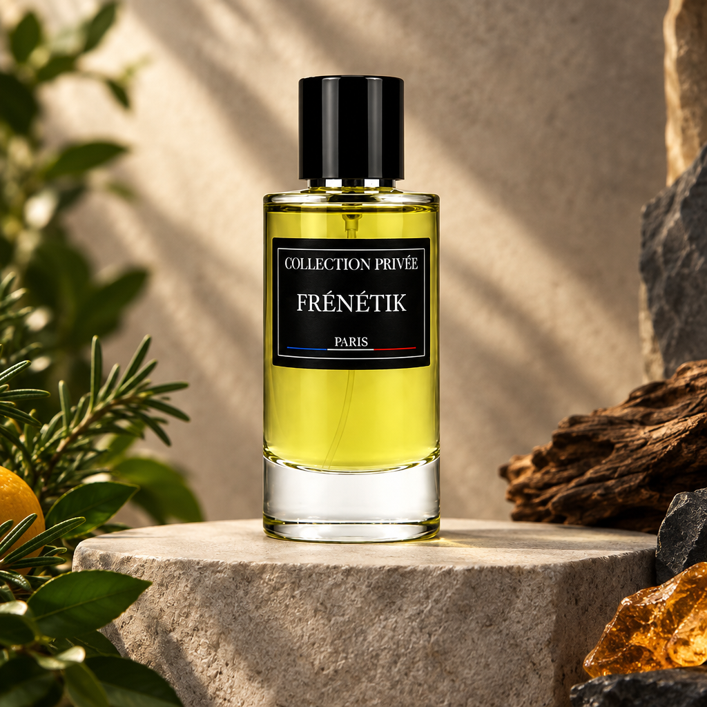 Frénétik parfum met groene kruiden, hout en amberkleurige accenten op een stenen podium