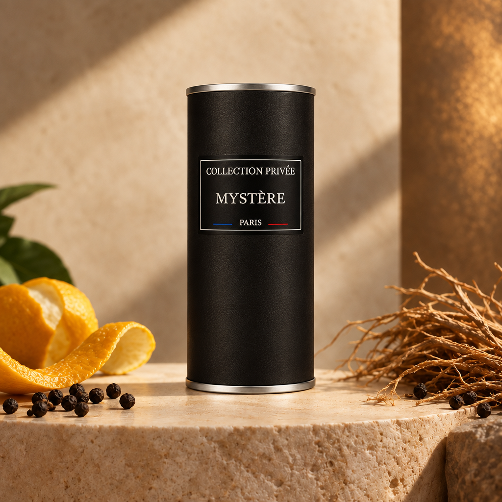 Mystère verpakking met citrus, peper en vetiver op steen