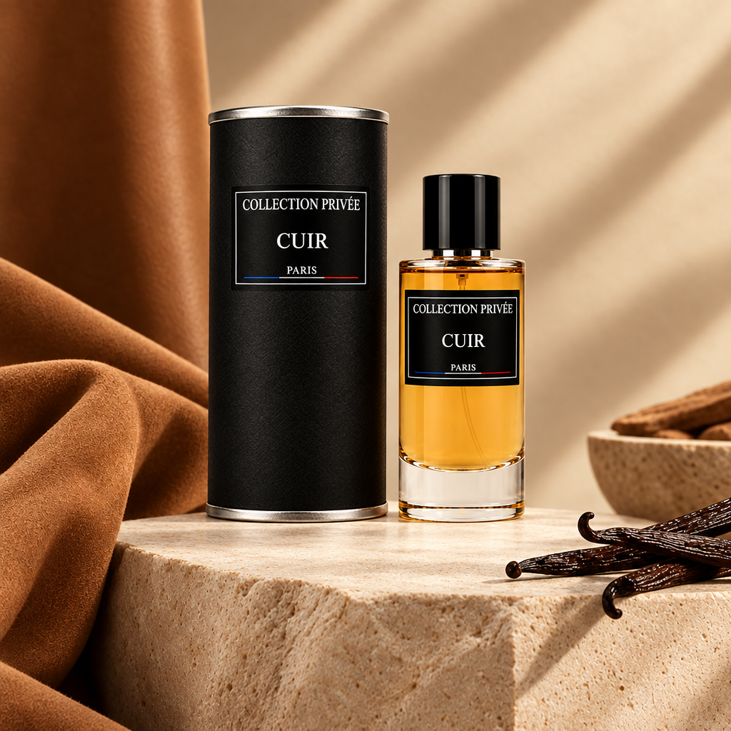 Cuir fles en verpakking met cognackleurig suède en vanille