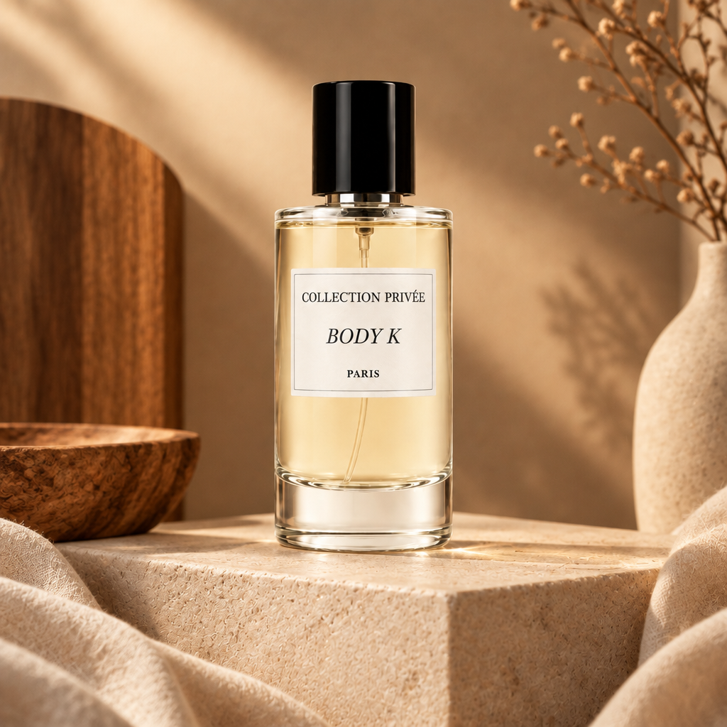 Body K parfum, illustratief productbeeld met hout en beige stof in warme amber- en crèmetinten