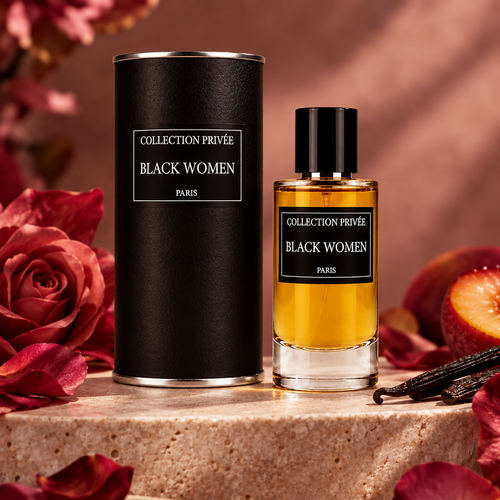 Black Women fles en verpakking met rozen en vanille in warme blushtinten