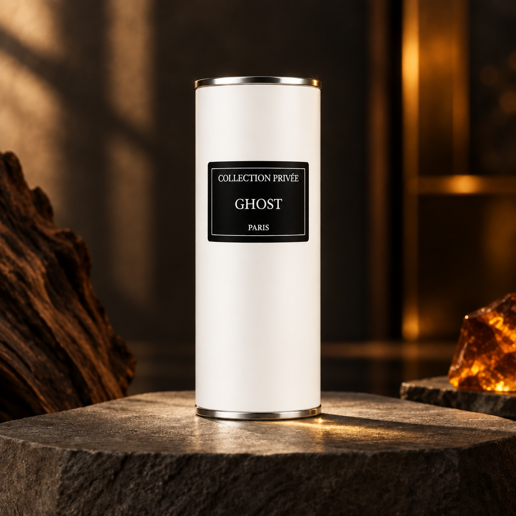 Ghost witte verpakking met donker hout en warm goudlicht