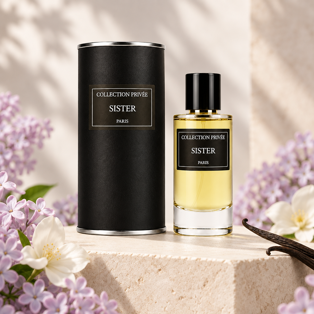 Sister fles en verpakking met lila bloesem en witte bloemen