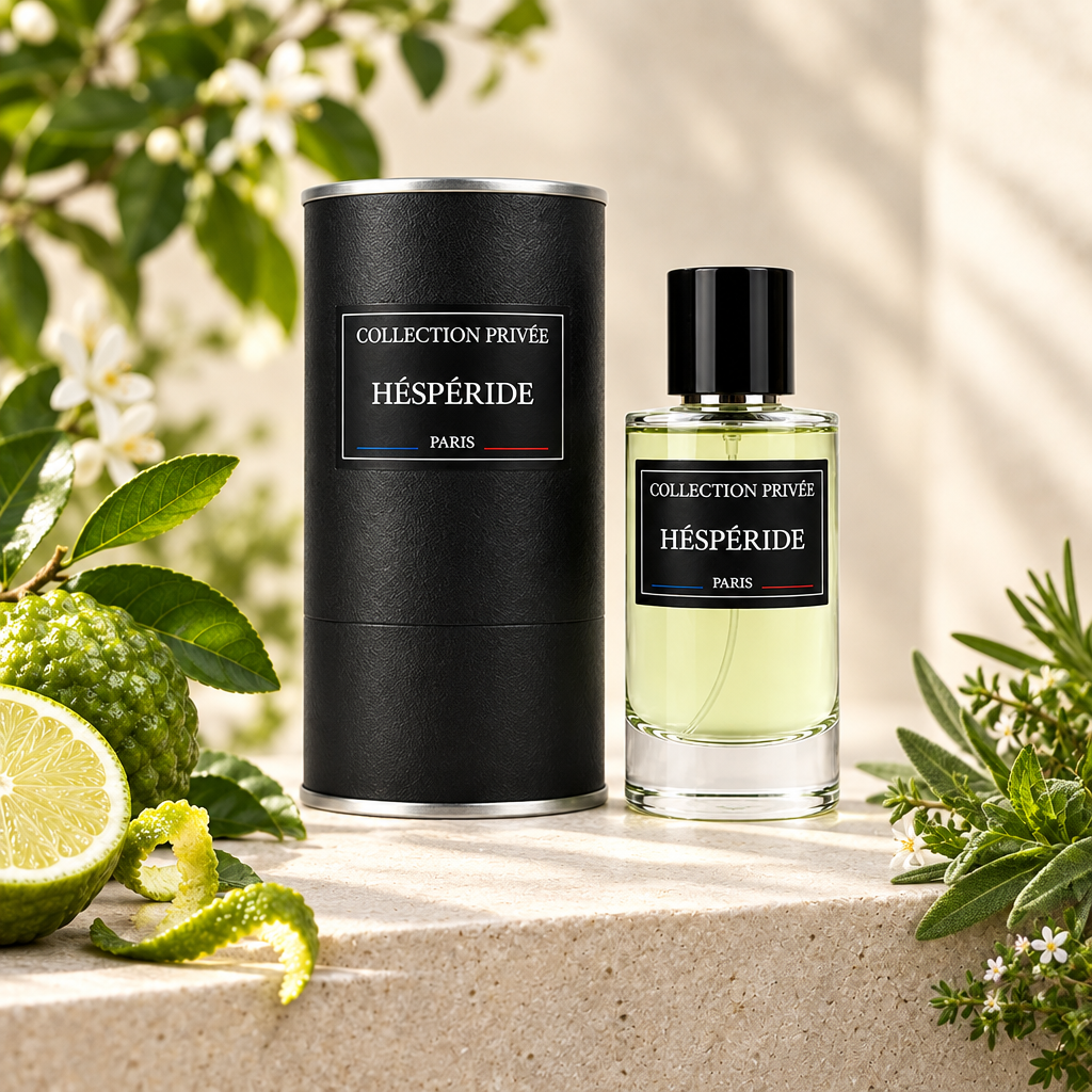 Hespéride fles en verpakking met bergamot en groene bladeren