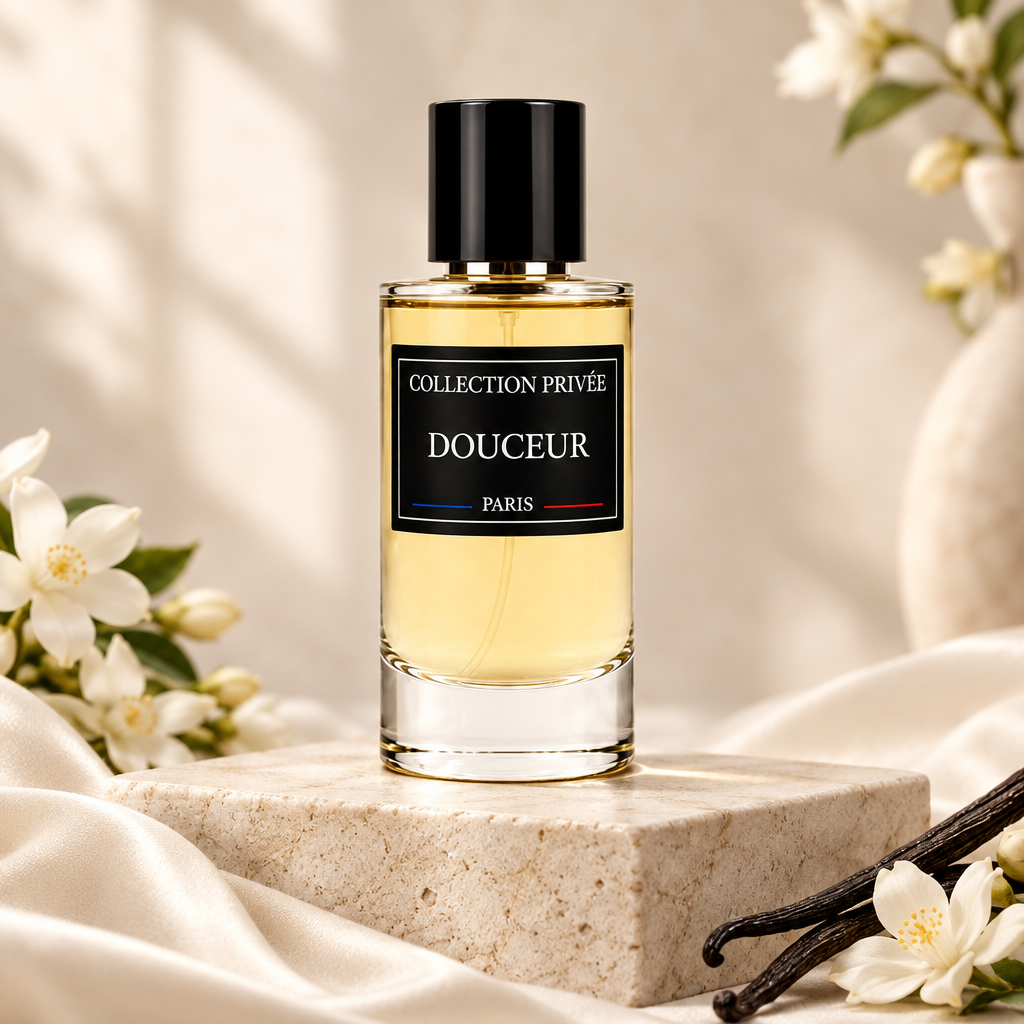 Douceur parfum met witte bloemen, vanillestokjes en zachte ivoorkleurige stof op lichte steen