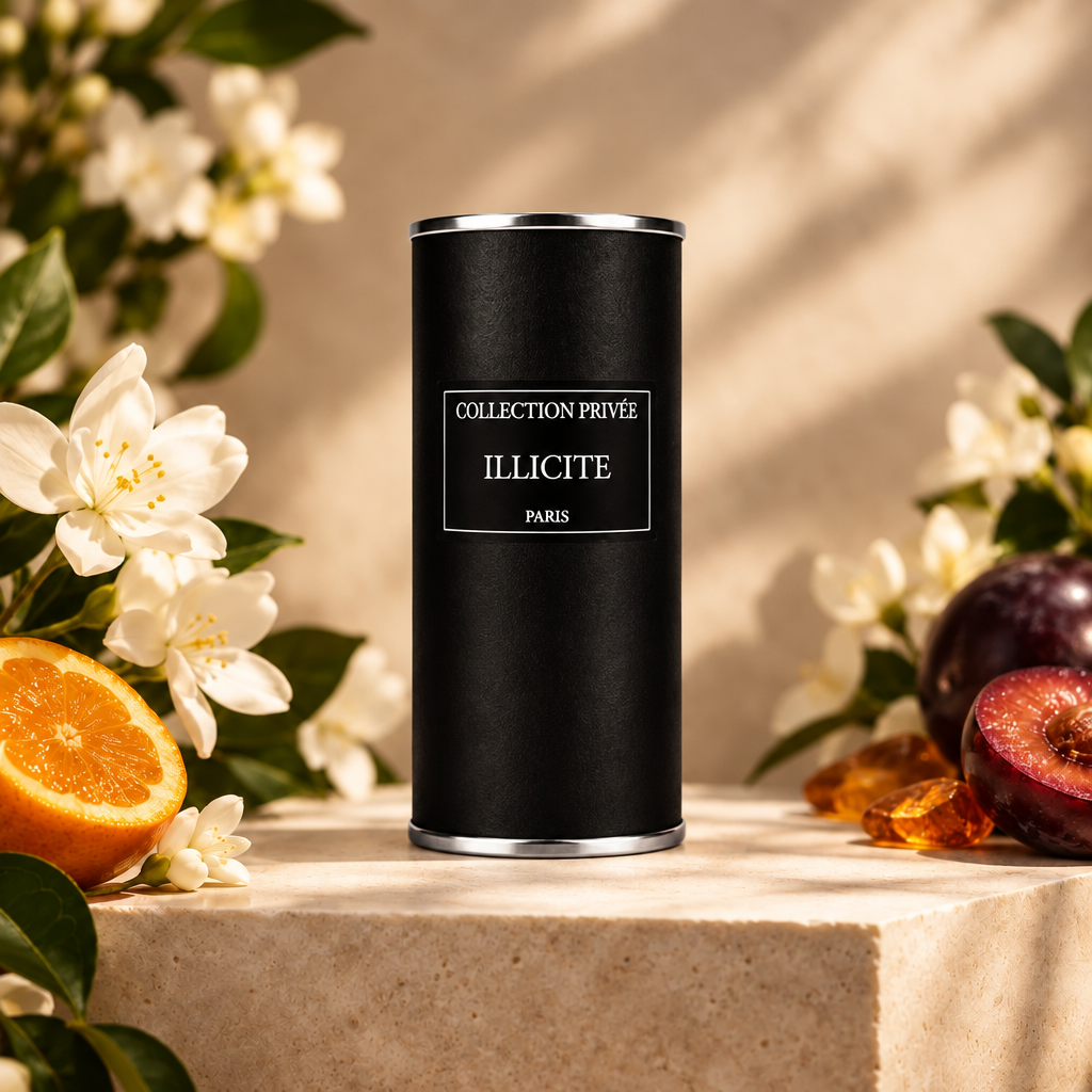 Illicite verpakking met witte bloemen en citrus in warm licht