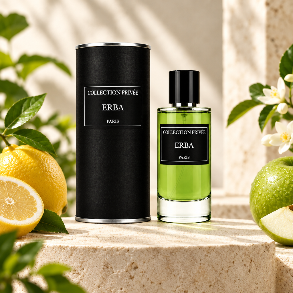 Erba fles en verpakking op lichte steen met citrus en groene accenten