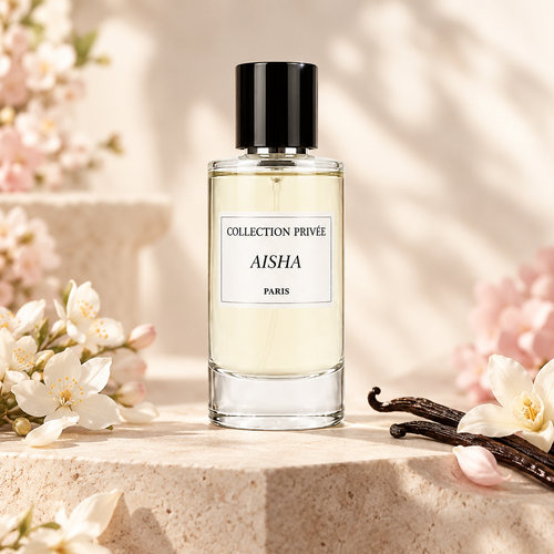 Aisha parfum met witte en zachtroze bloemen en vanillestokjes op lichte steen