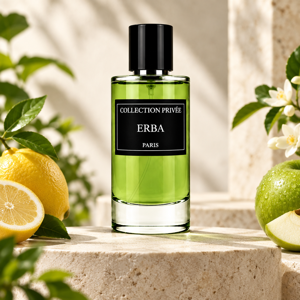 Erba parfum met citrus, groen fruit en frisse bladeren op een lichte stenen achtergrond