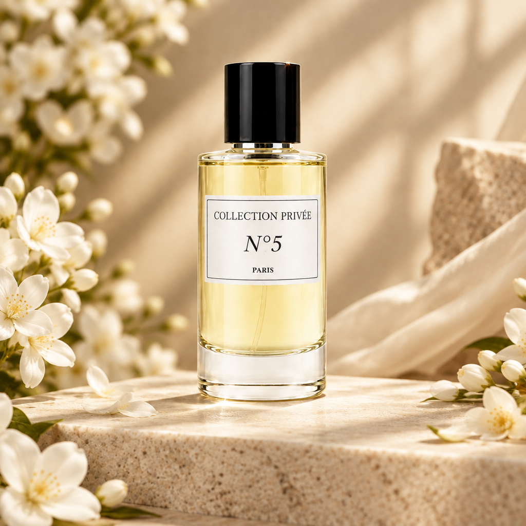 N°5 parfum, illustratief productbeeld met witte bloemen in ivoor- en champagnetinten
