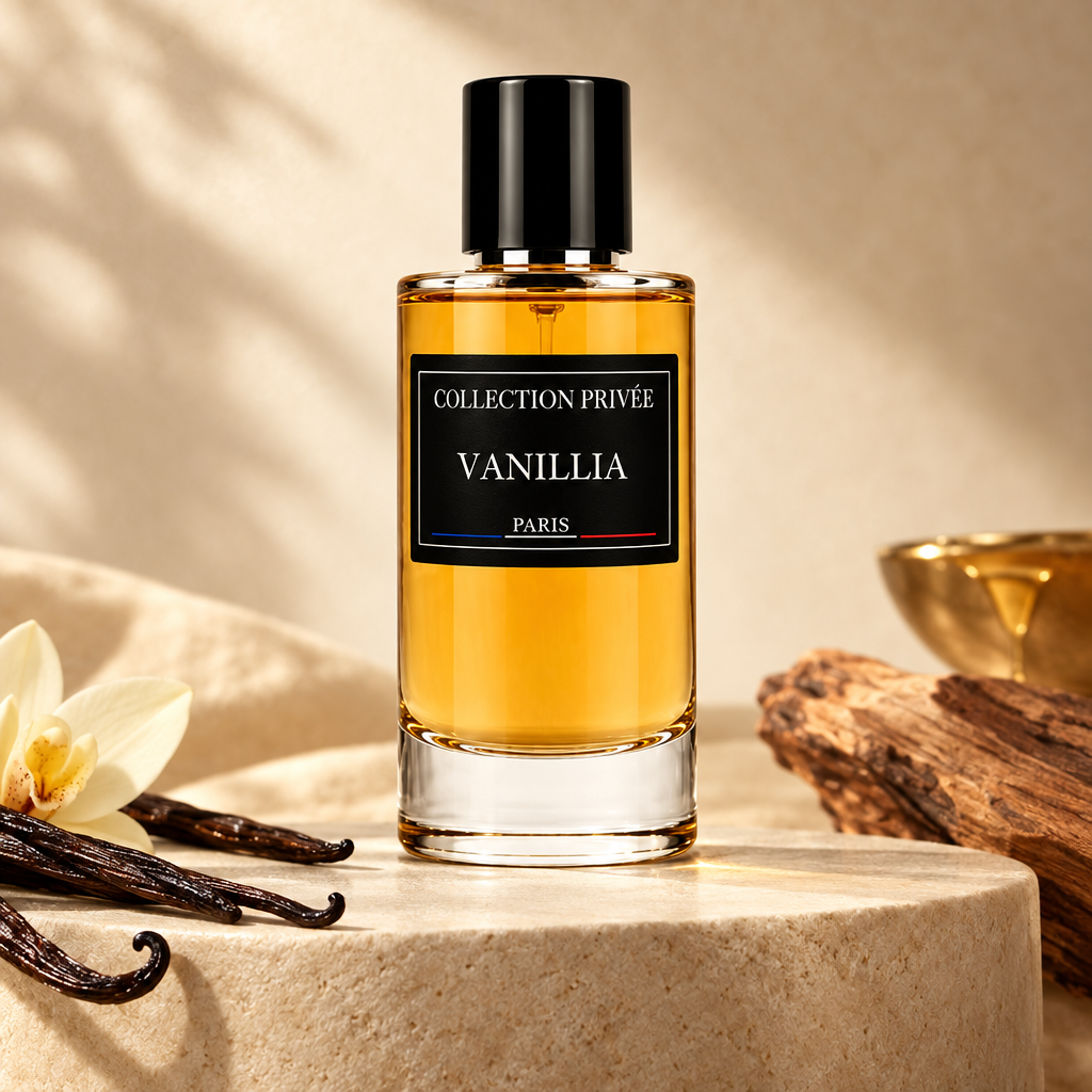Vanillia parfum met vanillestokjes en hout op lichte steen in warme goud- en crèmetinten
