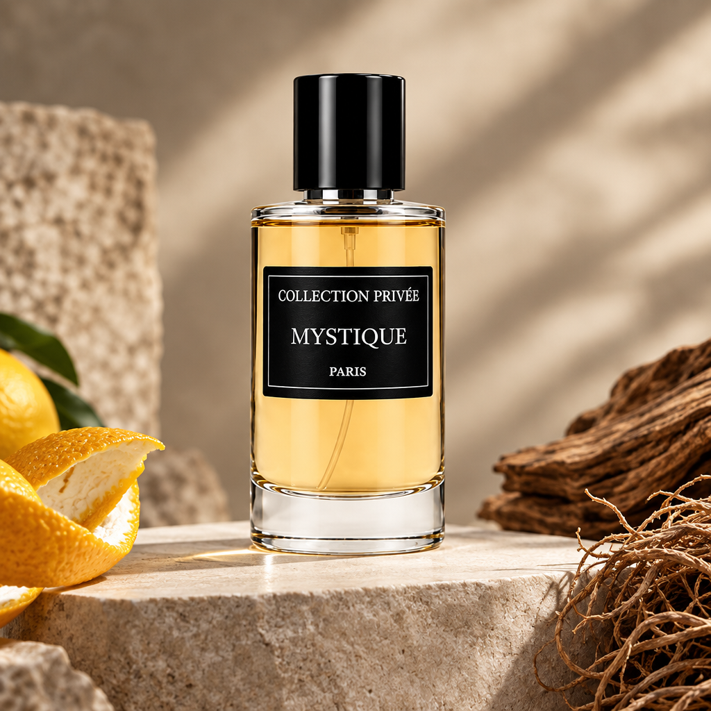 Mystique parfum met citrusschil, hout en vetiverwortels op lichte steen