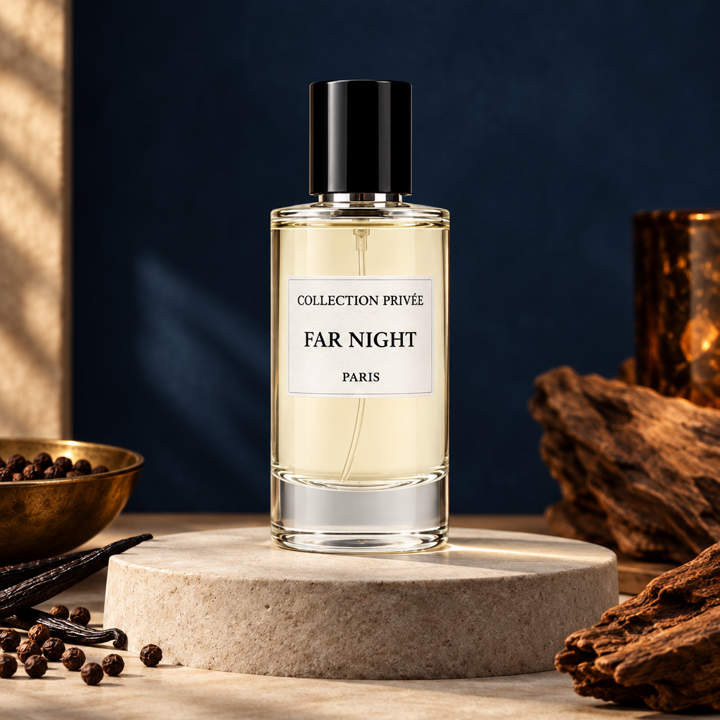 Far Night parfum met specerijen en hout op lichte steen tegen een donkerblauwe achtergrond
