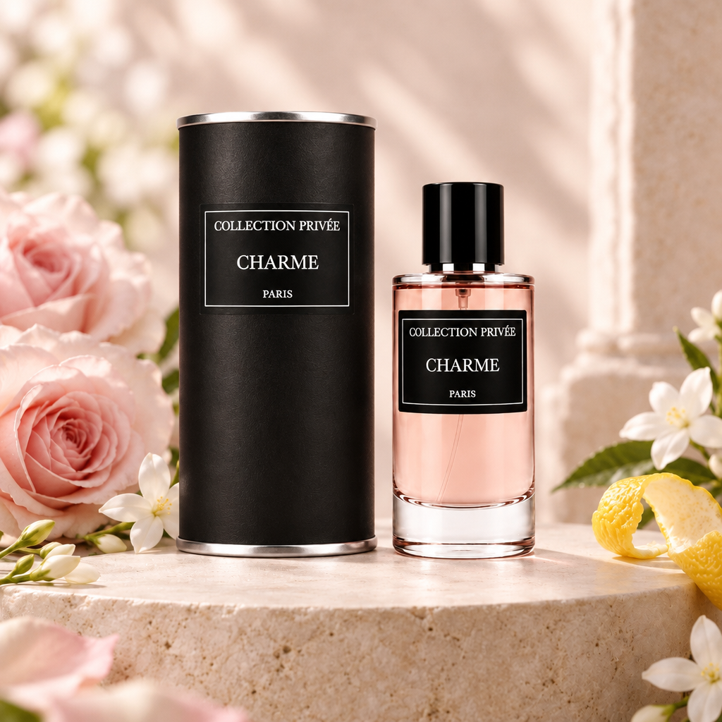 Charme fles en verpakking met roze rozen en witte jasmijn op lichte steen