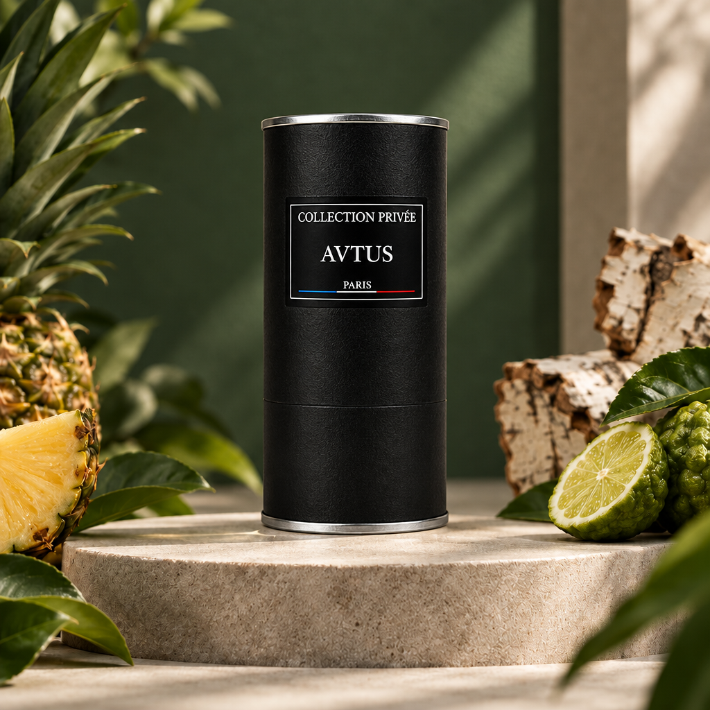Avtus verpakking met fruit en houtaccenten tegen een groene achtergrond