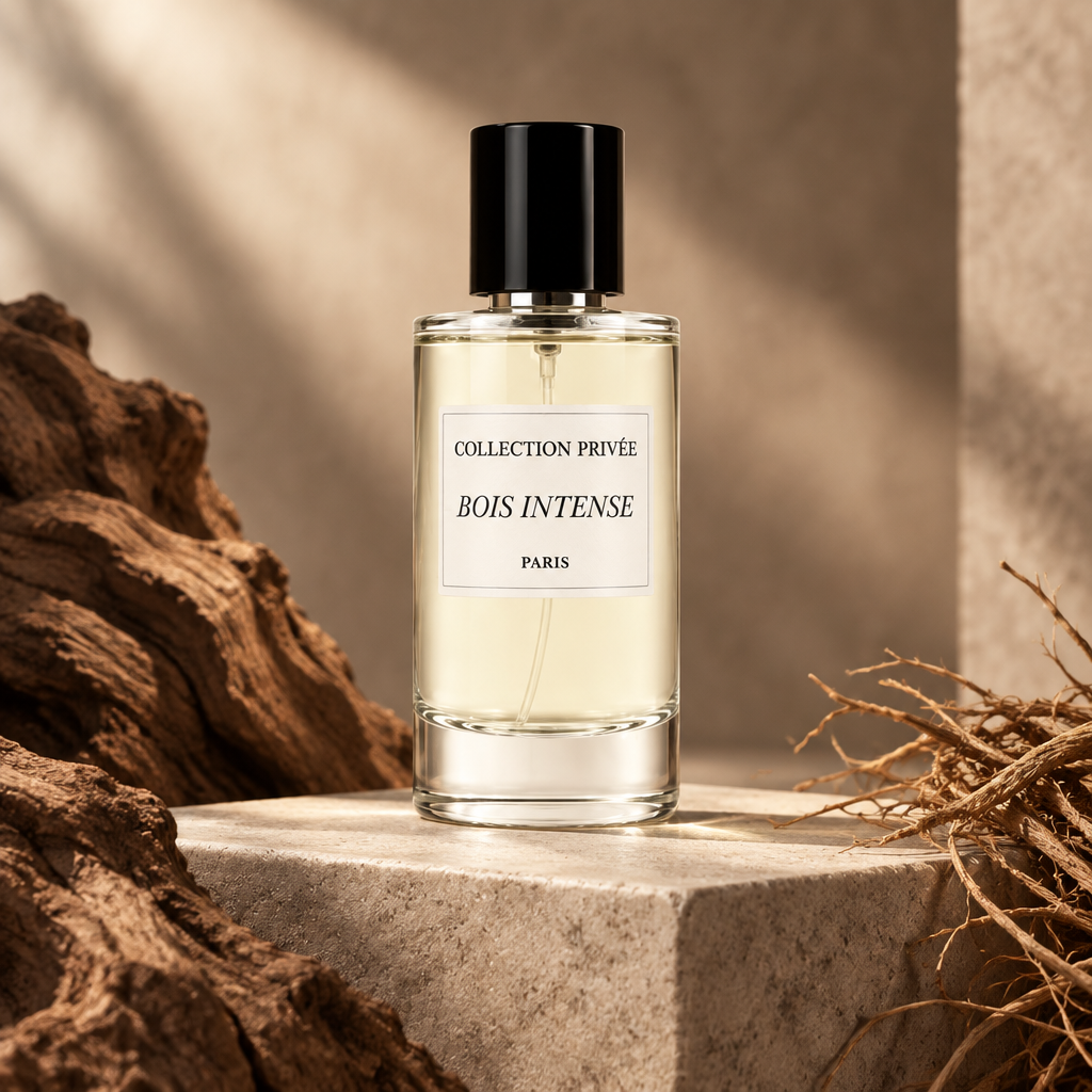 Bois Intense parfum met droog hout en vetiverwortels op lichte steen in warme aardetinten