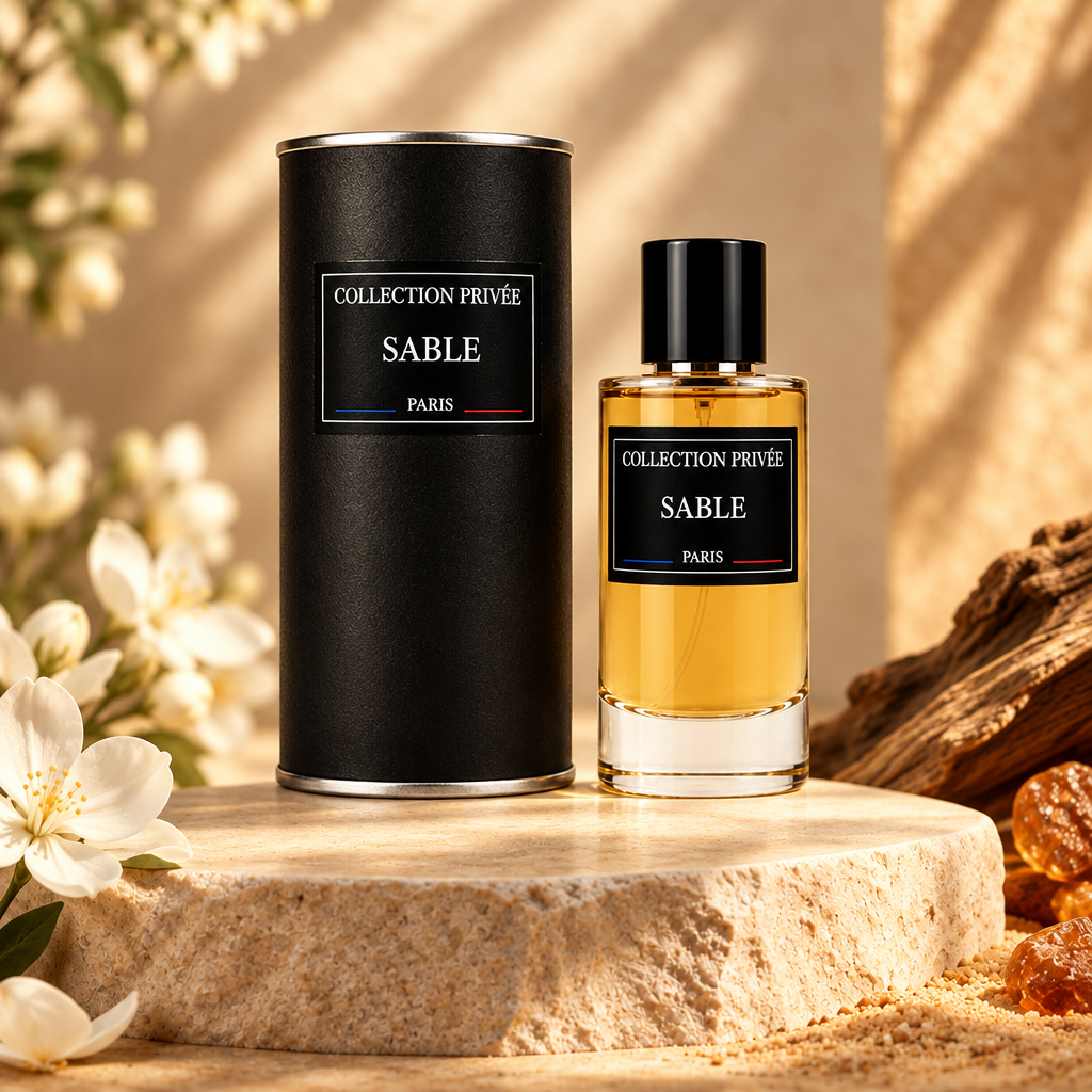 Sable fles en verpakking in goudwarm licht met bloemen en hout