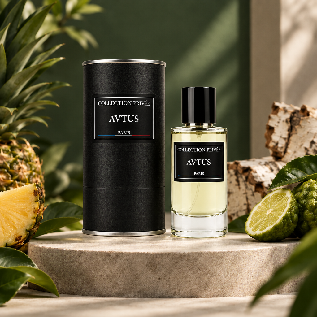 Avtus fles en verpakking met ananas, bergamot en berkenbast op lichte steen
