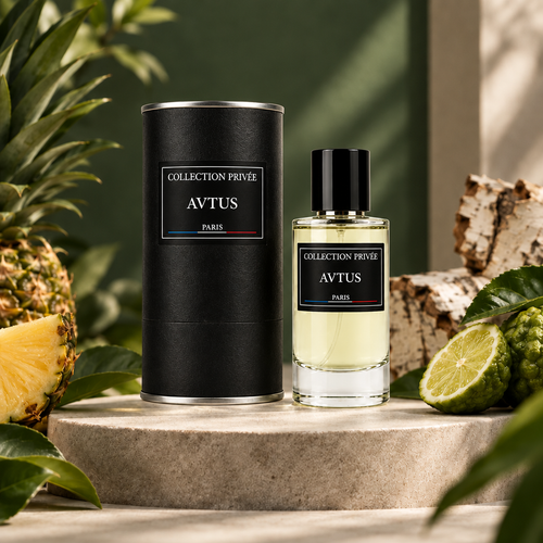 Avtus fles en verpakking met ananas, bergamot en berkenbast op lichte steen