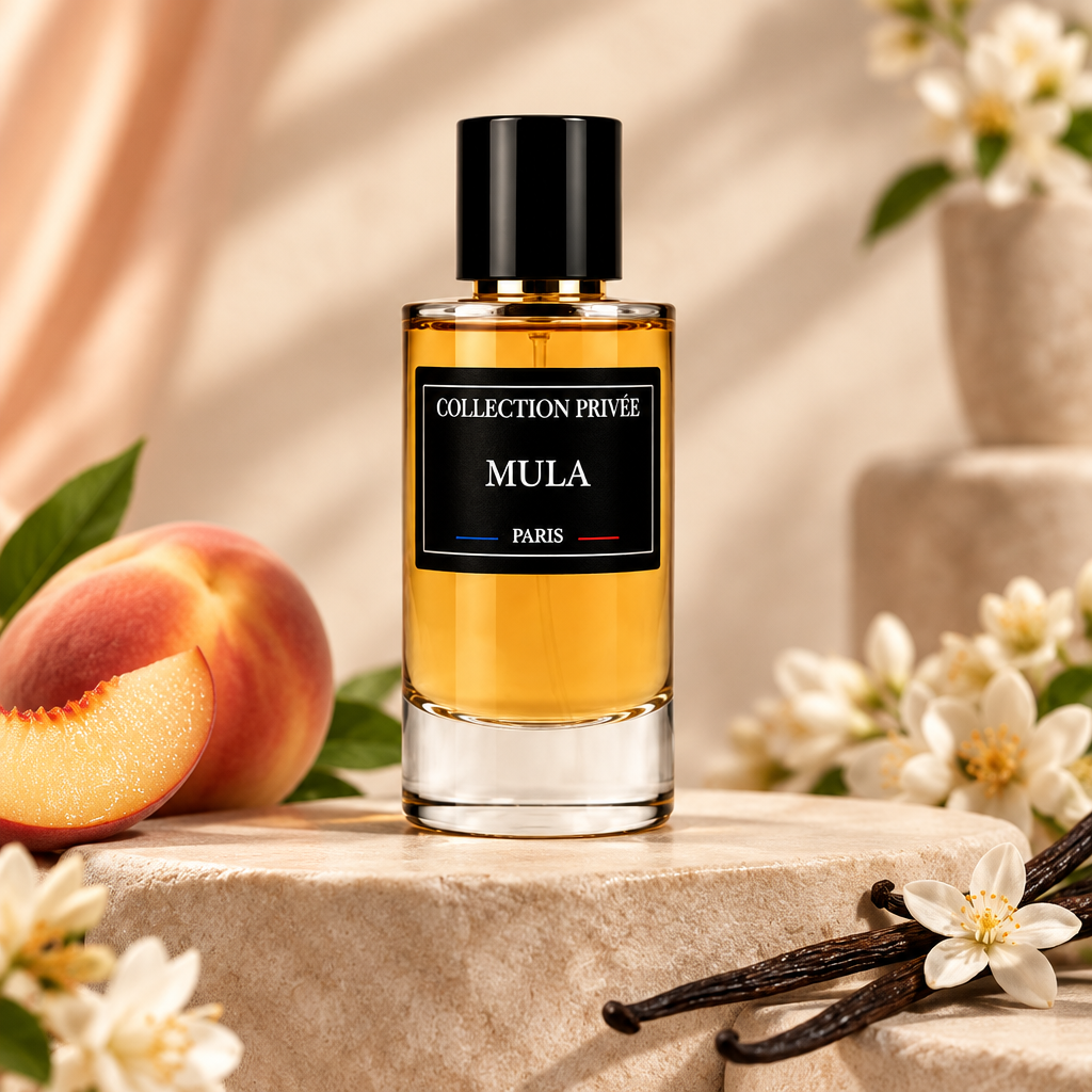 Mula parfum met fruit, witte bloemen en vanille in warme perziktinten