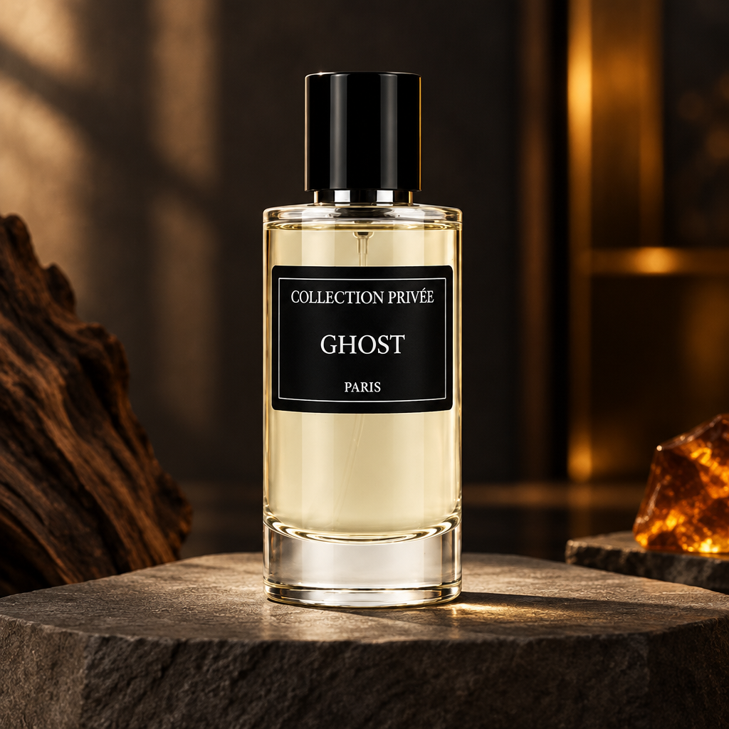 Ghost parfum op donkere steen met hout en warme amberkleurige verlichting