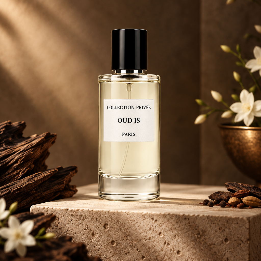 Oud Is parfum met donker hout, witte bloemen en specerijen op steen in warme bronstinten