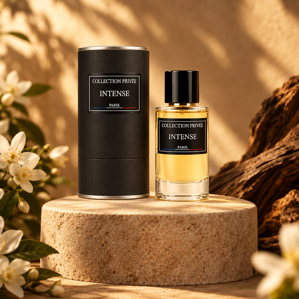 Intense fles en verpakking op lichte steen met witte bloemen en hout