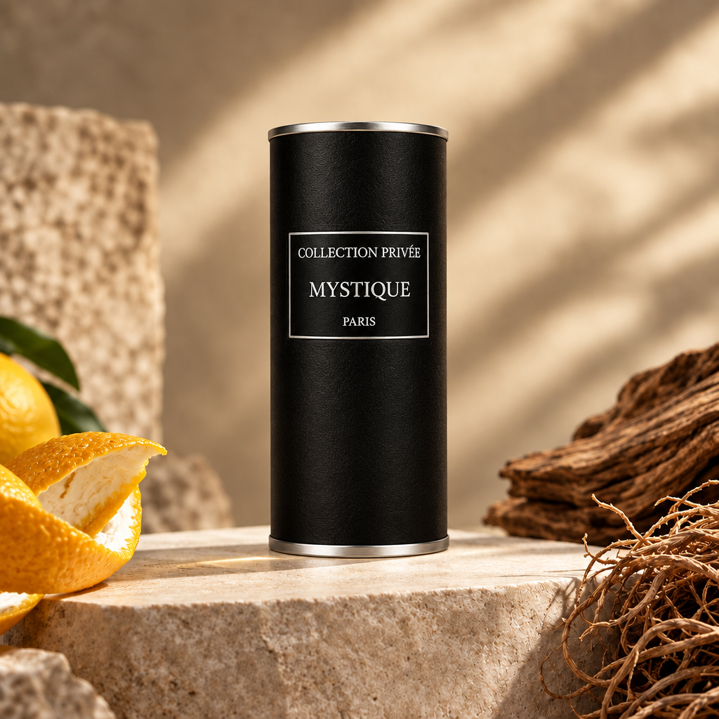 Mystique verpakking op warme steen met citrus en hout