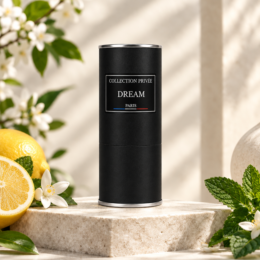 Dream verpakking met bloemen en frisse groene accenten op lichte steen