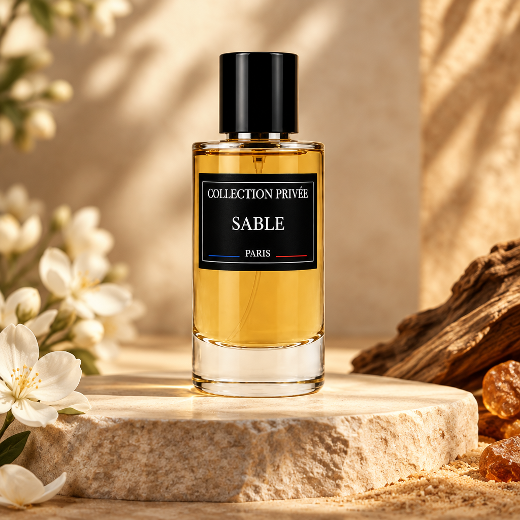 Sable parfum met witte bloemen, houtaccenten en warm gouden licht