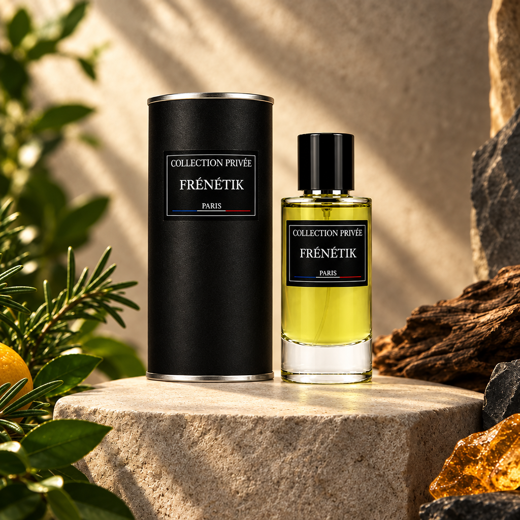 Frénétik fles en verpakking met groene accenten, hout en amber