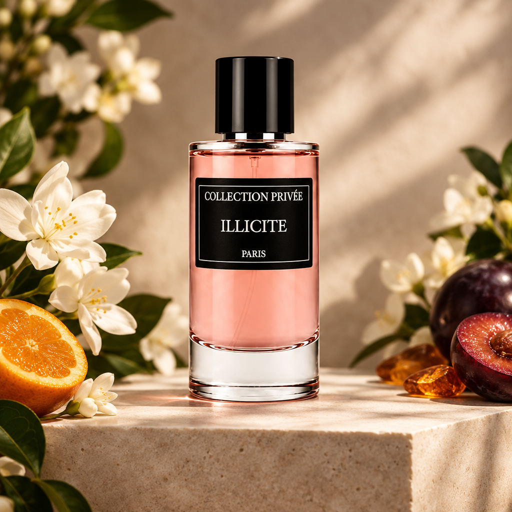 Illicite parfum met witte bloemen, citrus en warm licht