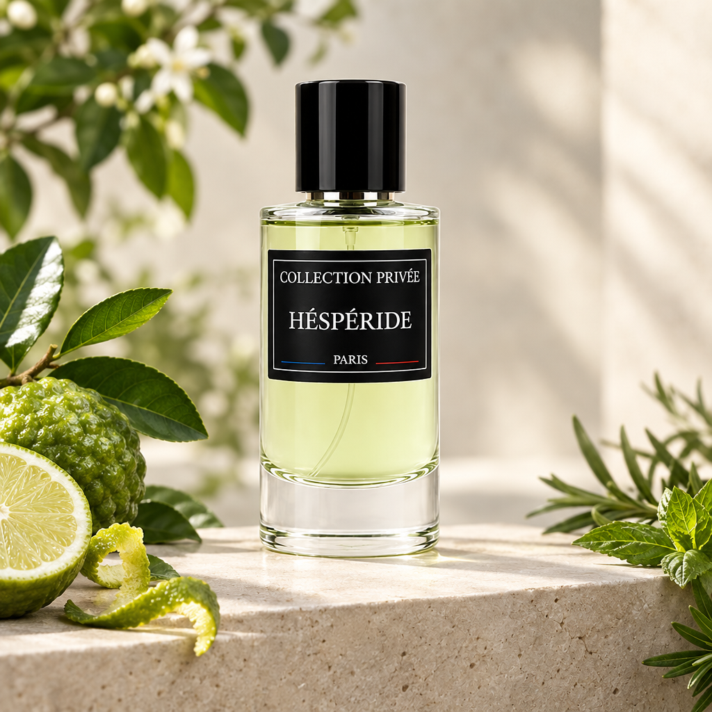 Hespéride parfum met bergamot, citrusschil en groene kruiden op lichte steen