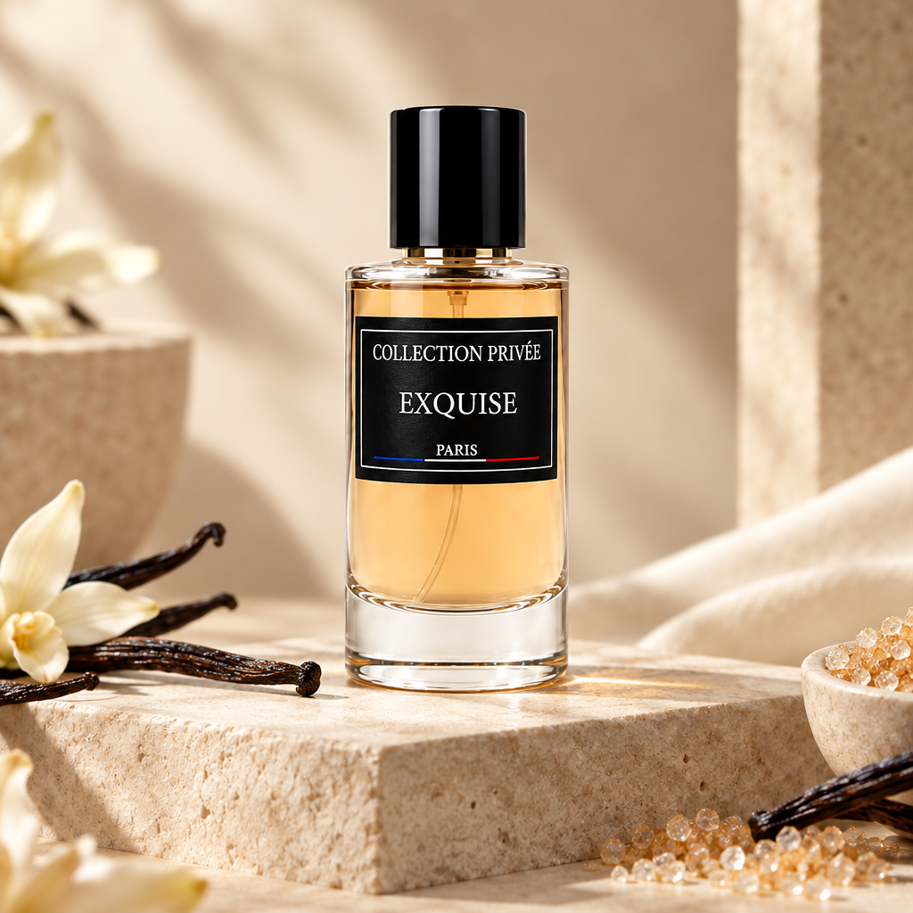 Exquise parfum met vanille en suikerkristallen in warme crèmetinten