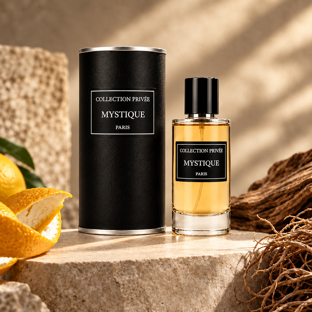Mystique fles en verpakking met citrus, hout en vetiver