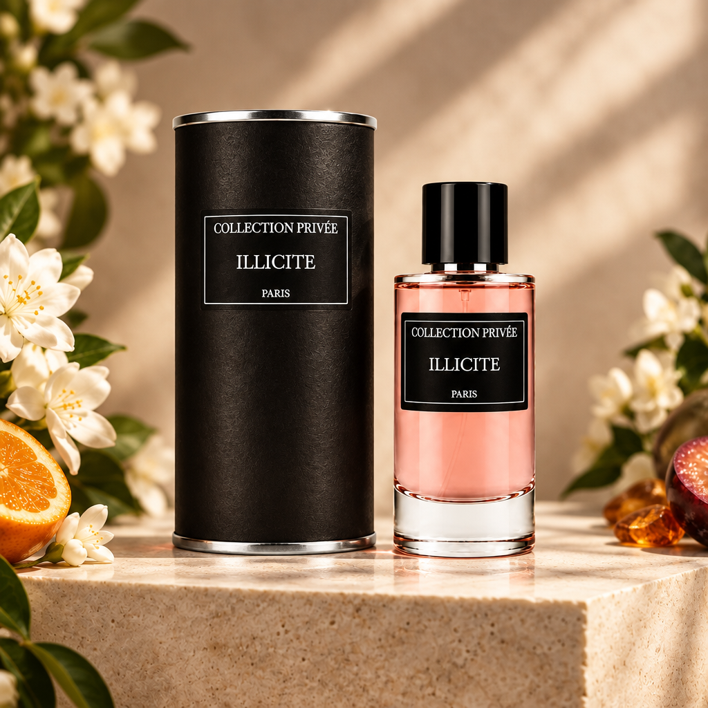 Illicite fles en verpakking met witte bloemen en citrus op lichte steen