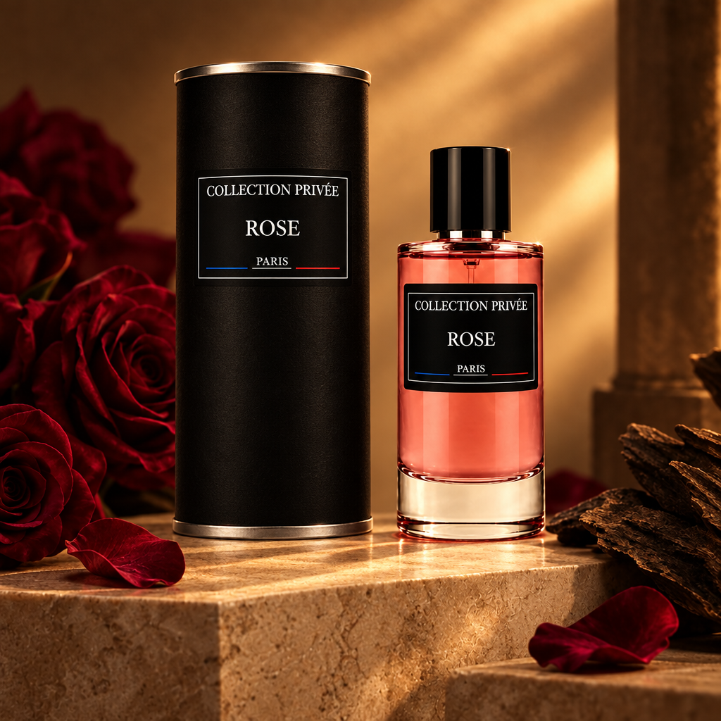Rose fles en verpakking met rode rozen en oud-hout in warm licht