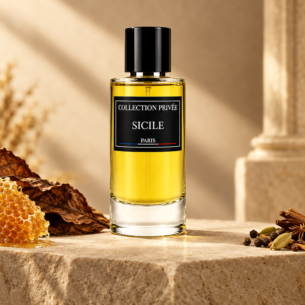 Sicile parfum met honingraat, tabaksblad en specerijen op lichte steen in warme goudtinten